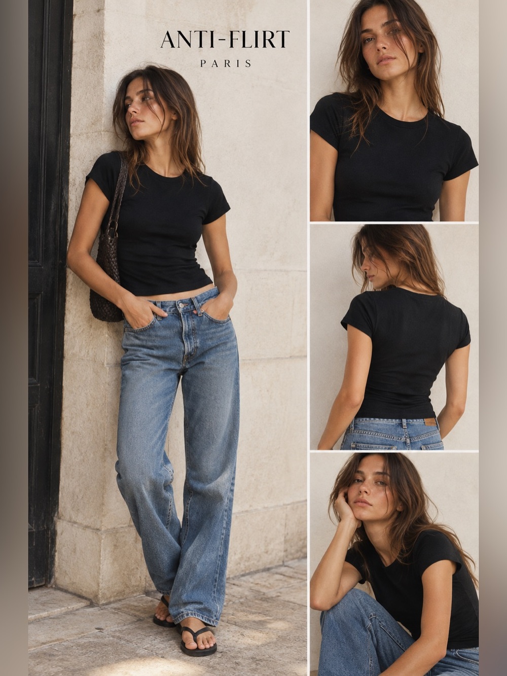 Vintage Anti-Flirt Paris Black Fitted Short Sleeve Top Made in France Size 3/XS